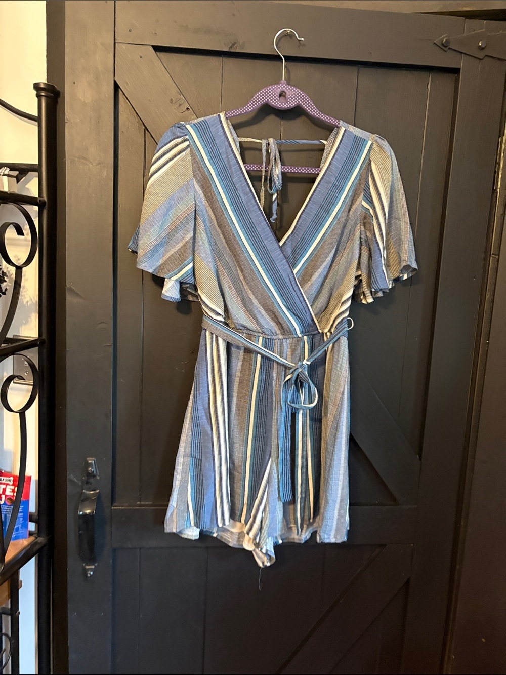 Striped Blue Wrap Romper with Tie Waist
